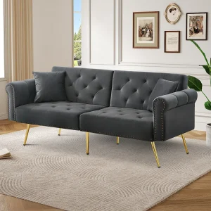 2-zits rechte slaapbank in grijs fluweel, 3-standen neerklapbare rugleuning – 173x75x70cm 2-zits rechte slaapbank in grijs fluweel, 3-standen neerklapbare rugleuning – 173x75x70cm