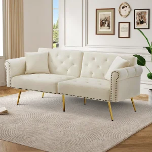 2-zits rechte slaapbank in beige fluweel, 3-standen neerklapbare rugleuning – 173x75x70cm 2-zits rechte slaapbank in beige fluweel, 3-standen neerklapbare rugleuning – 173x75x70cm