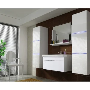 Witte badkamermeubelset, RAVEN collectie. 2 kolommen, spiegel, onderkast, wastafel 80cm, sifon en leds Witte badkamermeubelset, RAVEN collectie. 2 kolommen, spiegel, onderkast, wastafel 80cm, sifon en leds
