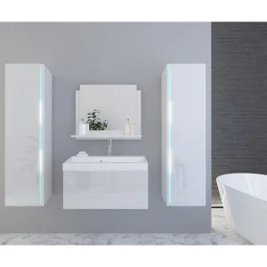 Badkamermeubelset wit collectie BIRD, kolommen, onderbouwmeubel voor wastafel 80 cm, spiegel, sifon en LED-verlichting Badkamermeubelset wit collectie BIRD, kolommen, onderbouwmeubel voor wastafel 80 cm, spiegel, sifon en LED-verlichting