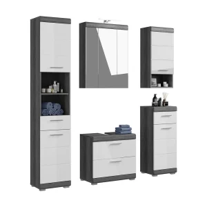 Set badkamer SCOTT – Onderkast wastafel, LED spiegel, hoge kast en halfhoge kasten Set badkamer SCOTT – Onderkast wastafel, LED spiegel, hoge kast en halfhoge kasten