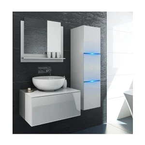 Badkamermeubelset wit collectie OWL. Kolomkast, onderkast voor wastafel, spiegel, sifon en leds Badkamermeubelset wit collectie OWL. Kolomkast, onderkast voor wastafel, spiegel, sifon en leds