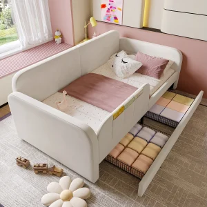 90×200 cm slaapbank – Kinderbed met 3 opbergvakken en 2 lades – metalen bedframe – wit fluweel