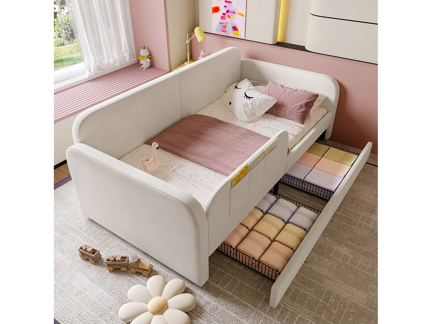 90x200 cm slaapbank - Kinderbed met 3 opbergvakken en 2 lades - metalen bedframe - wit fluweel