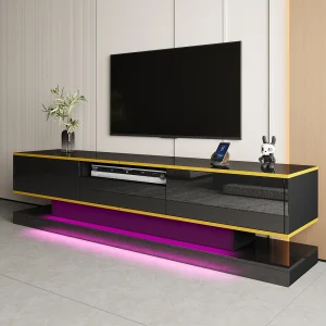180 cm breed tv-meubel met ledverlichting, hoogglans afwerking, 3 lades en een open vak, zwart