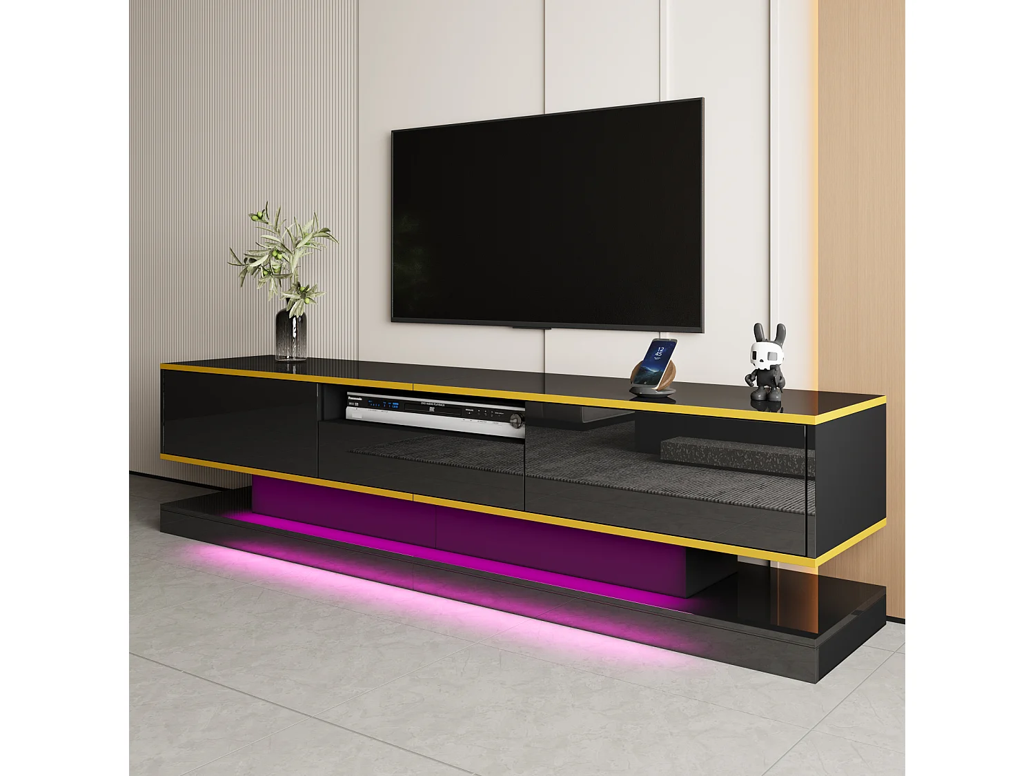 180 cm breed tv-meubel met ledverlichting, hoogglans afwerking, 3 lades en een open vak, zwart