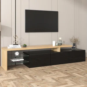 197 cm hoog, glanzend zwart tv-meubel met ledverlichting. Laag tv-meubel met glazen plank en 3 deuren. 197 cm hoog, glanzend zwart tv-meubel met ledverlichting. Laag tv-meubel met glazen plank en 3 deuren.