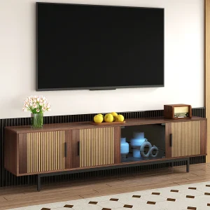 200 cm tv-meubel, moderne tv-bank met ledverlichting, 3 gestreepte deuren en 1 glazen deur, metalen frame 200 cm tv-meubel, moderne tv-bank met ledverlichting, 3 gestreepte deuren en 1 glazen deur, metalen frame