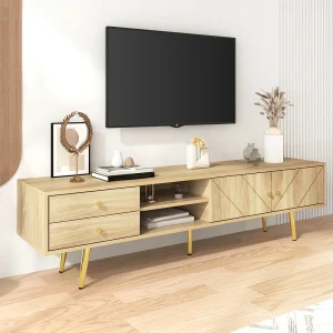 160 cm tv-meubel met gouden poten – Modern tv-meubel met 2 lades en 2 deuren – Houtkleur 160 cm tv-meubel met gouden poten – Modern tv-meubel met 2 lades en 2 deuren – Houtkleur