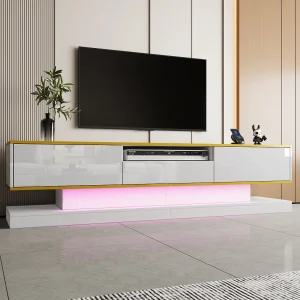 180 cm breed tv-meubel met ledverlichting, hoogglans afwerking, 3 lades en een open vak, wit