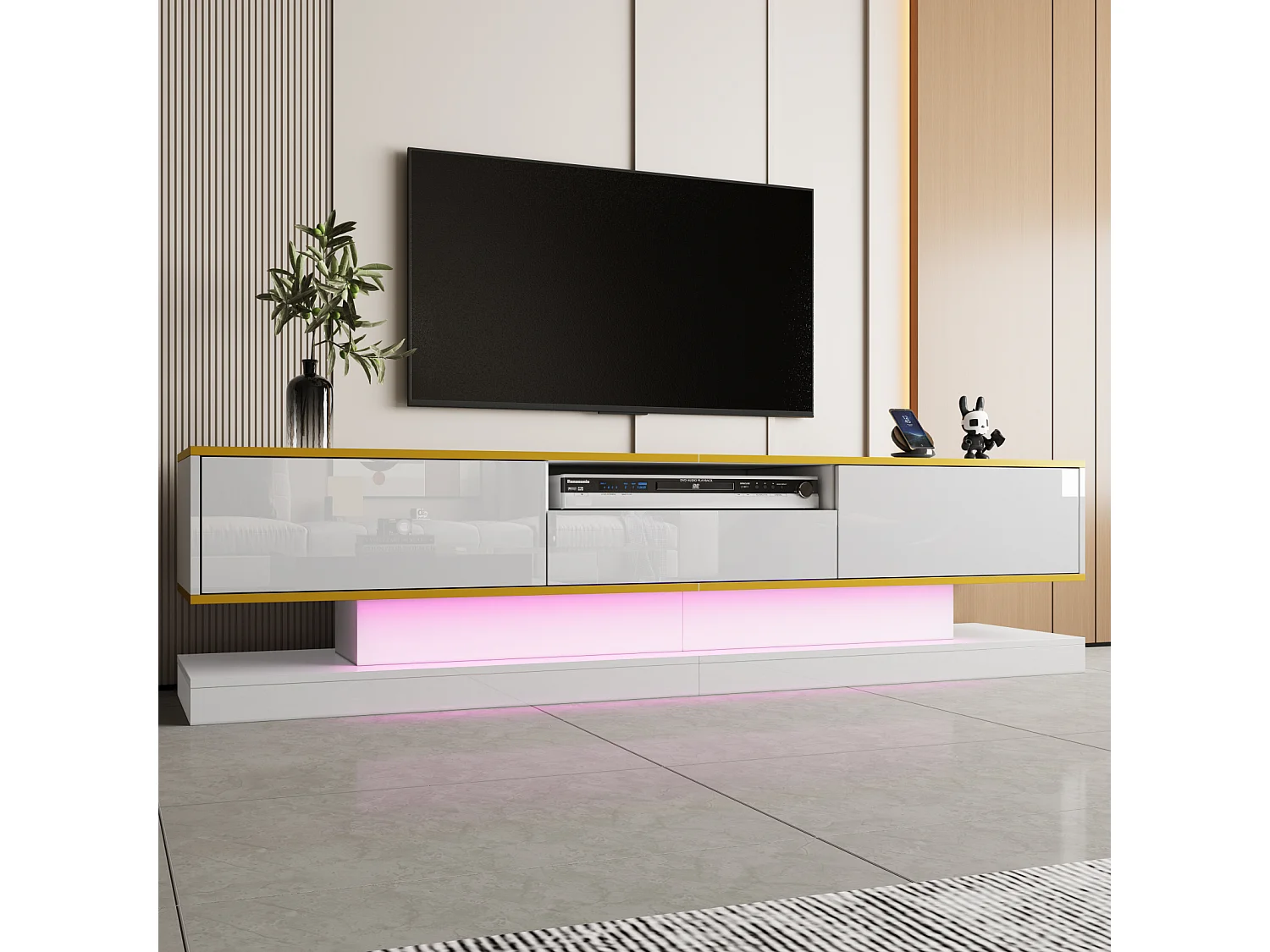 180 cm breed tv-meubel met ledverlichting, hoogglans afwerking, 3 lades en een open vak, wit