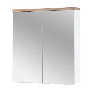 Badkamermeubel ERMANO – Licht eiken en hoogglans wit – 60×70 cm – 2 spiegeldeuren – Hangend