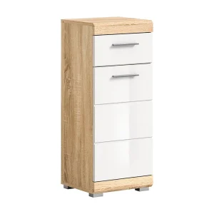 Badkamerkast LEWOTO – 1 deur en 1 lade – Wit en licht eiken Badkamerkast LEWOTO – 1 deur en 1 lade – Wit en licht eiken