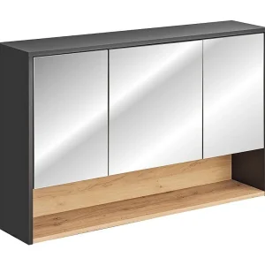 Badkamer hangkast TALOKA – 3 spiegeldeuren – Antracietgrijs en licht eiken – L120 cm – Hangend