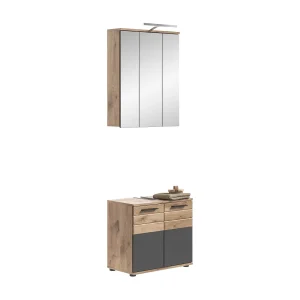 Badkamerset: onderkast voor wastafel + opbergkast met spiegels en LED – Antracietgrijs en licht eiken – SEL Badkamerset: onderkast voor wastafel + opbergkast met spiegels en LED – Antracietgrijs en licht eiken – SEL