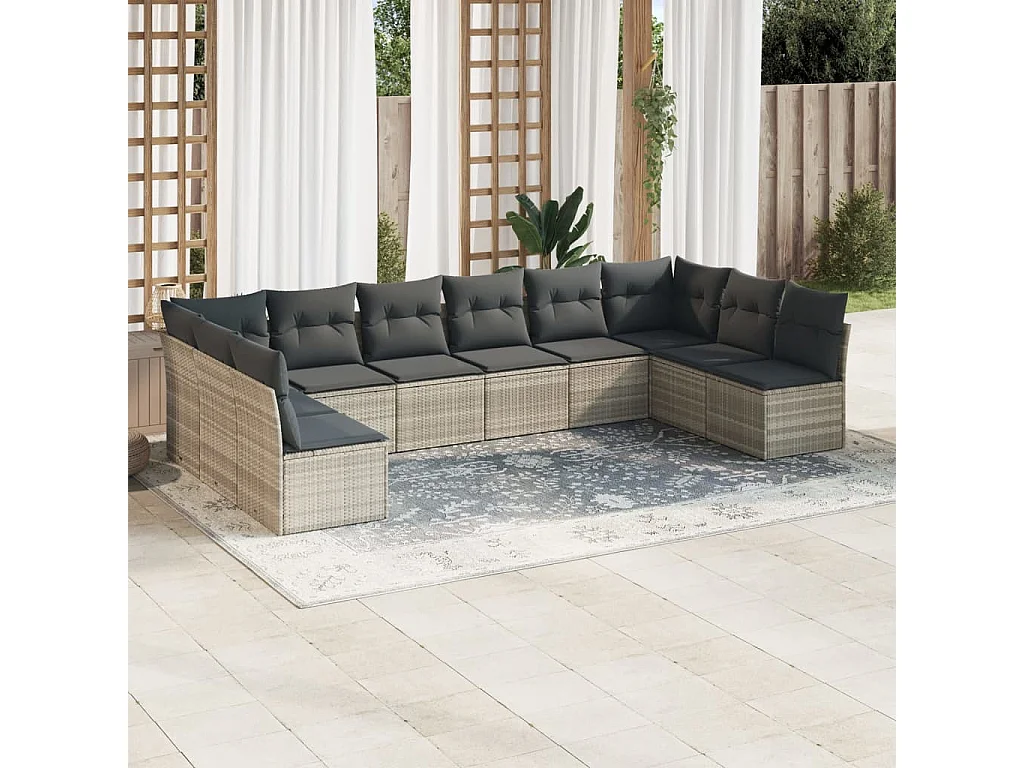 10-delige Loungeset met kussens poly rattan lichtgrijs