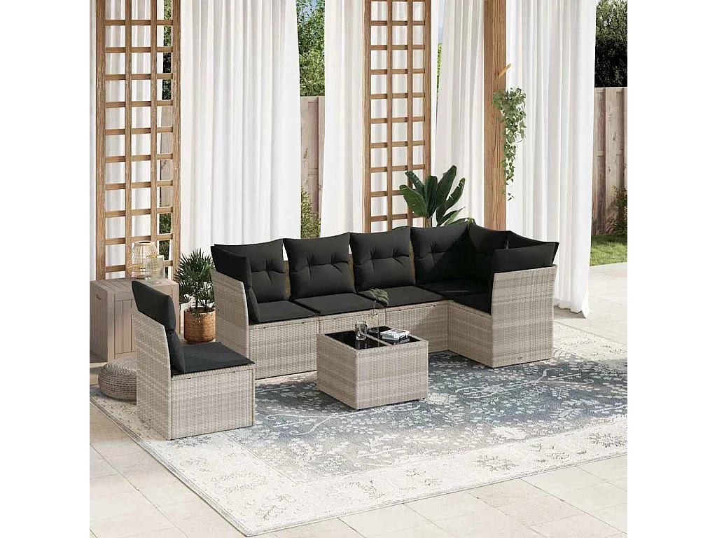 7-delige Loungeset met kussens poly rattan lichtgrijs
