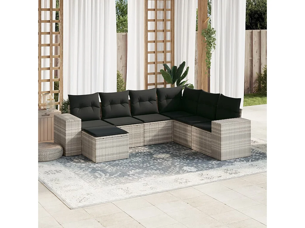 7-delige Loungeset met kussens poly rattan lichtgrijs