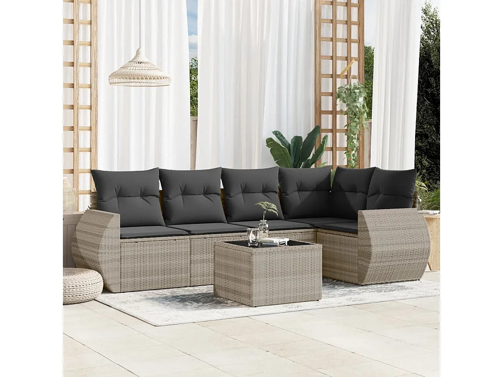 6-delige Loungeset met kussens poly rattan lichtgrijs