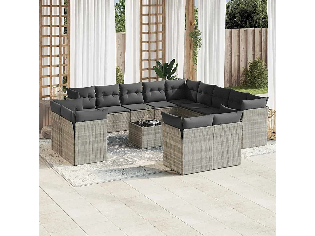 14-delige Loungeset met kussens poly rattan lichtgrijs