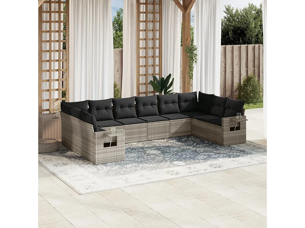 10-delige Loungeset met kussens poly rattan lichtgrijs