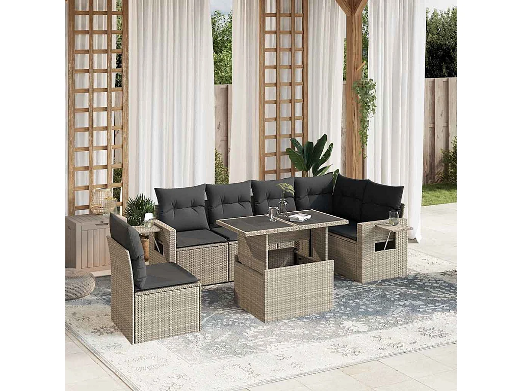7-delige Loungeset met kussens poly rattan lichtgrijs
