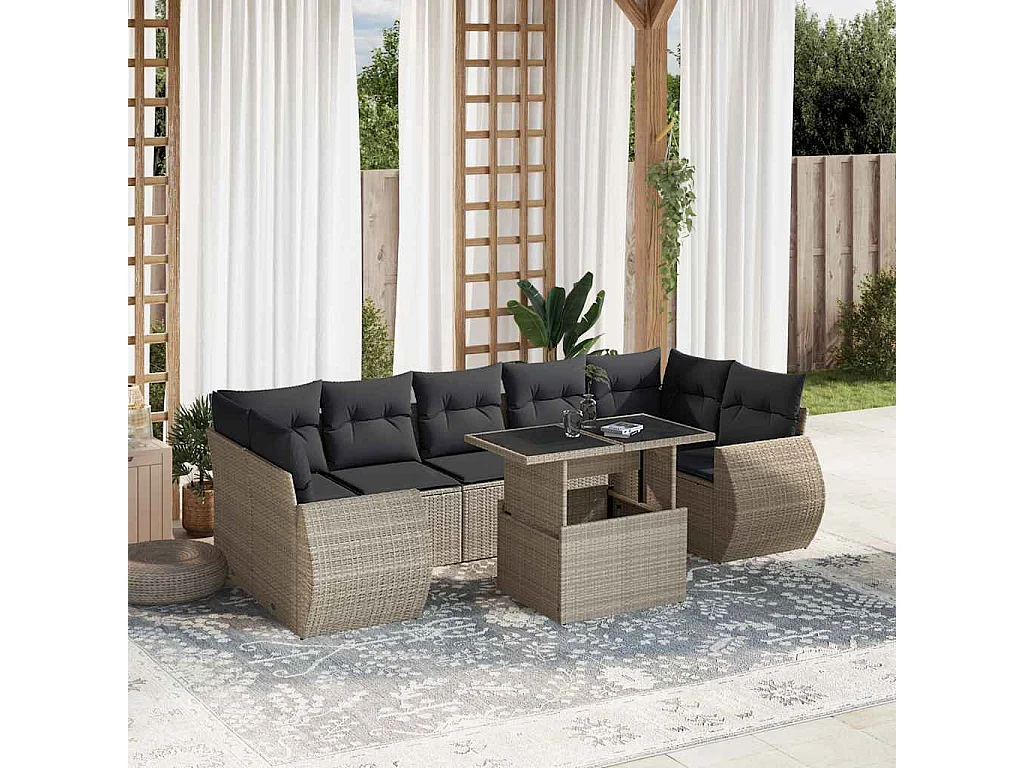 8-delige Loungeset met kussens poly rattan lichtgrijs
