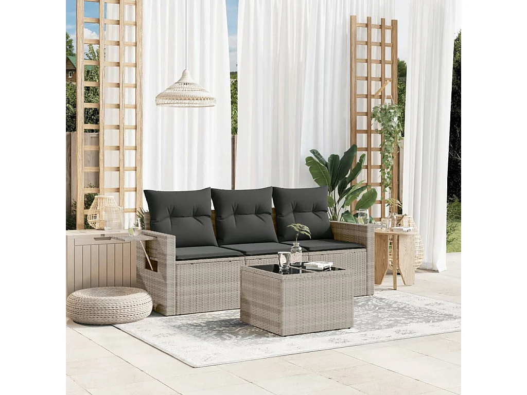 4-delige Loungeset met kussens poly rattan lichtgrijs