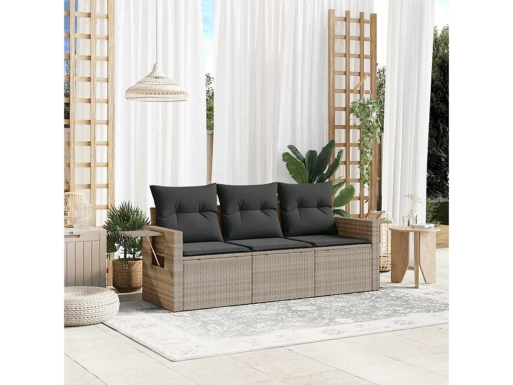 3-delige Loungeset met kussens poly rattan lichtgrijs