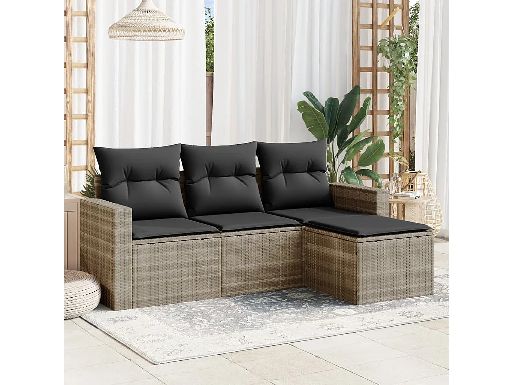 4-delige Loungeset met kussens poly rattan lichtgrijs