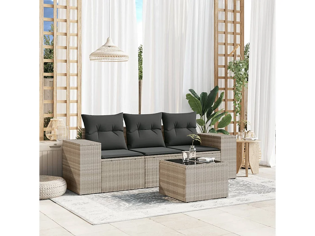 4-delige Loungeset met kussens poly rattan lichtgrijs