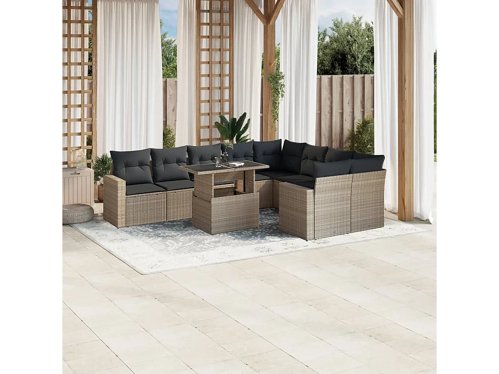 10-delige Loungeset met kussens poly rattan lichtgrijs