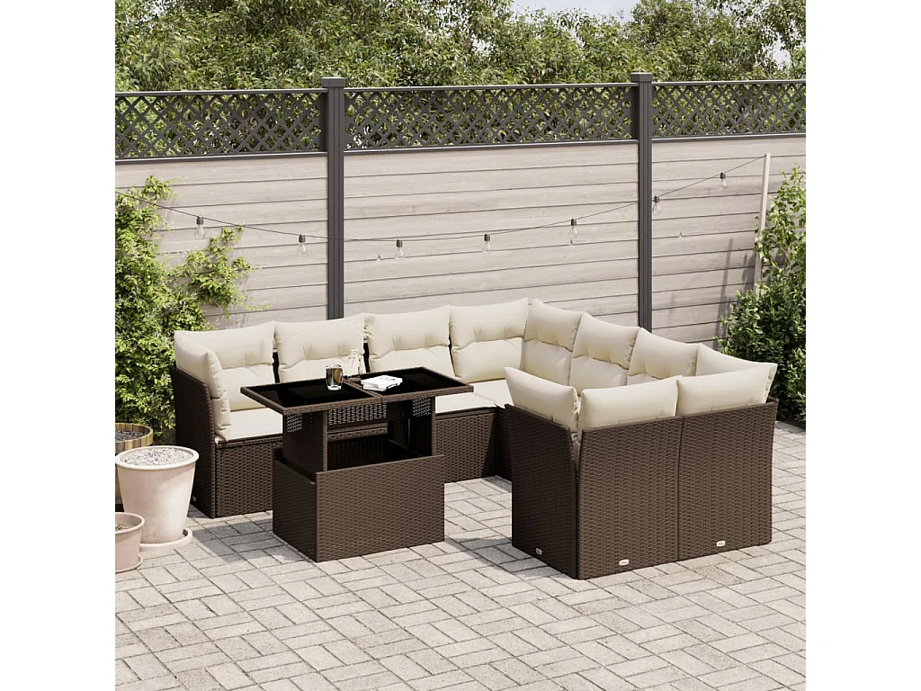 9-delige Loungeset met kussens poly rattan bruin