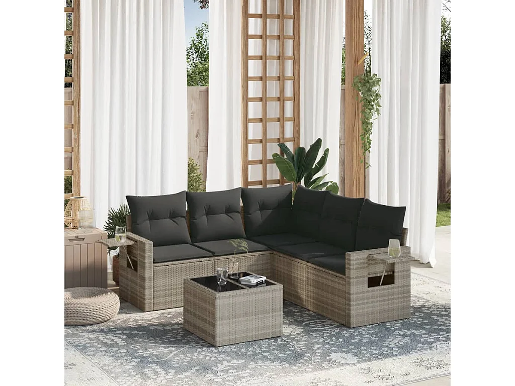 6-delige Loungeset met kussens poly rattan lichtgrijs