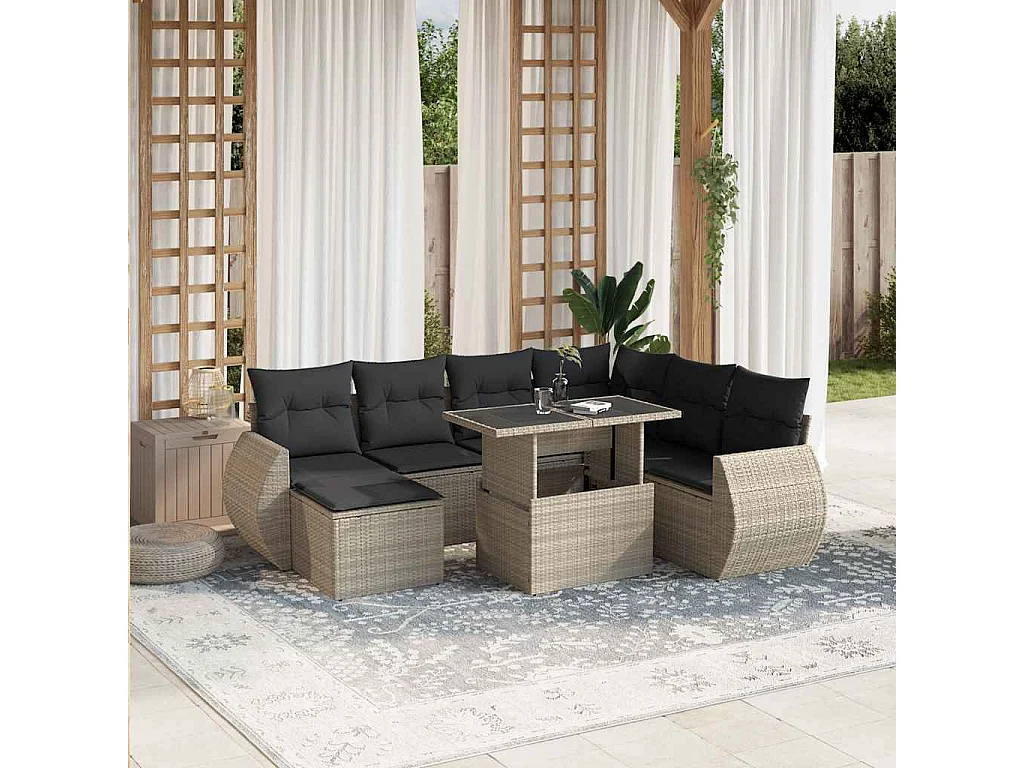 8-delige Loungeset met kussens poly rattan lichtgrijs