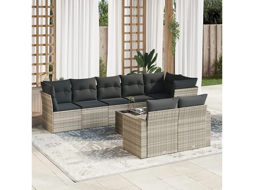 9-delige Loungeset met kussens poly rattan lichtgrijs
