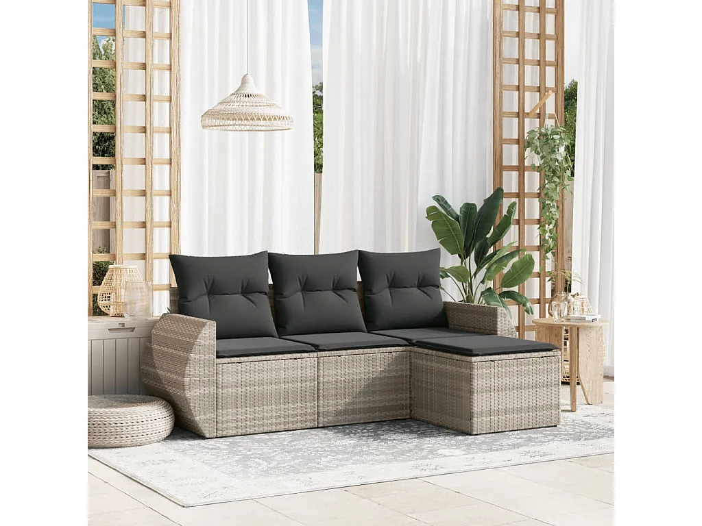 4-delige Loungeset met kussens poly rattan lichtgrijs