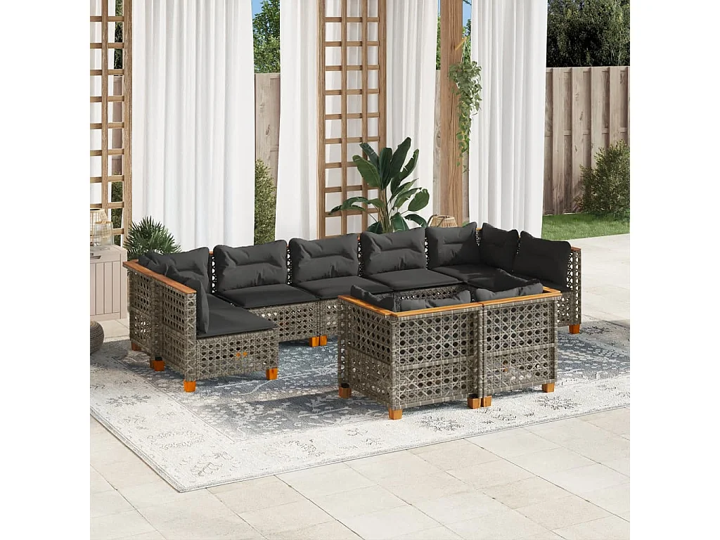9-delige Loungeset met kussens poly rattan grijs