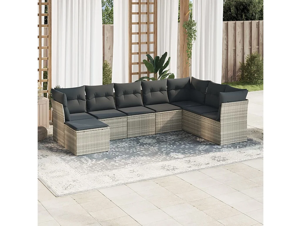 8-delige Loungeset met kussens poly rattan lichtgrijs