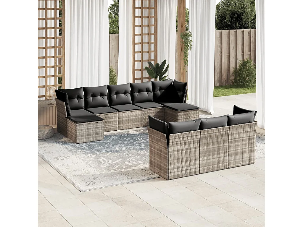 10-delige Loungeset met kussens poly rattan lichtgrijs