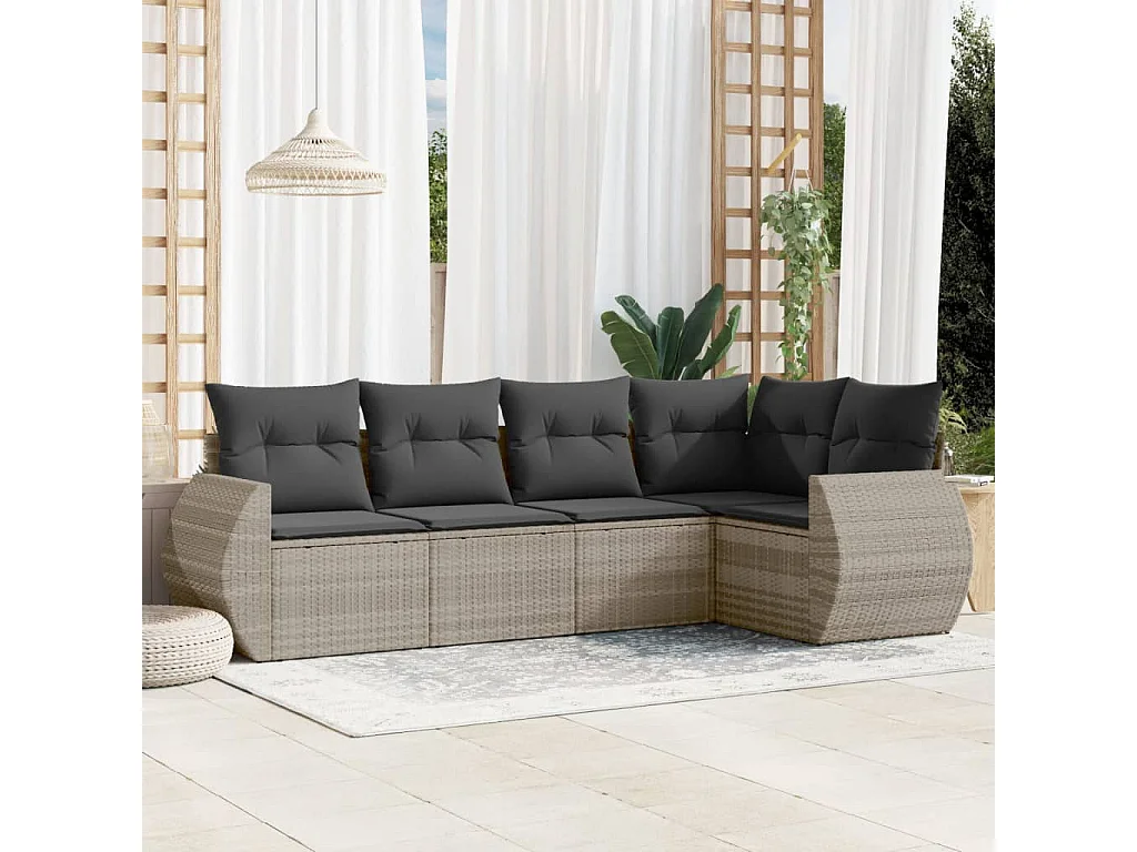 5-delige Loungeset met kussens poly rattan lichtgrijs