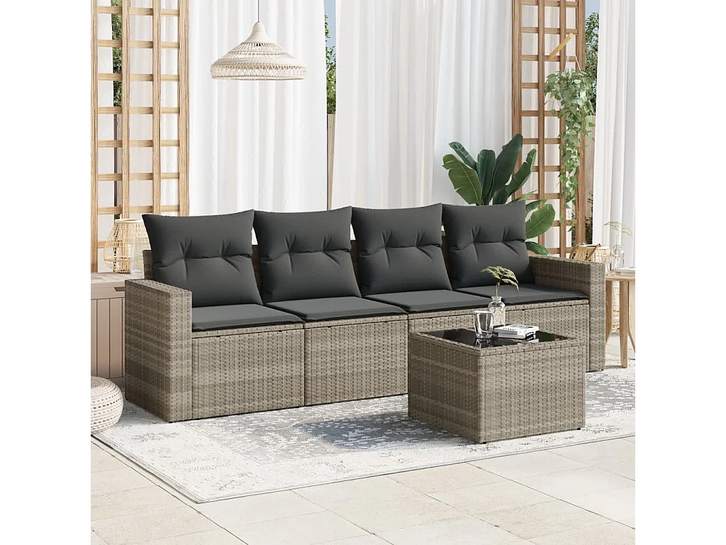 5-delige Loungeset met kussens poly rattan lichtgrijs