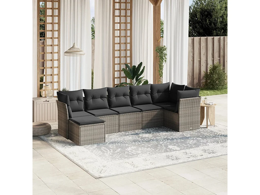 7-delige Loungeset met kussens poly rattan lichtgrijs