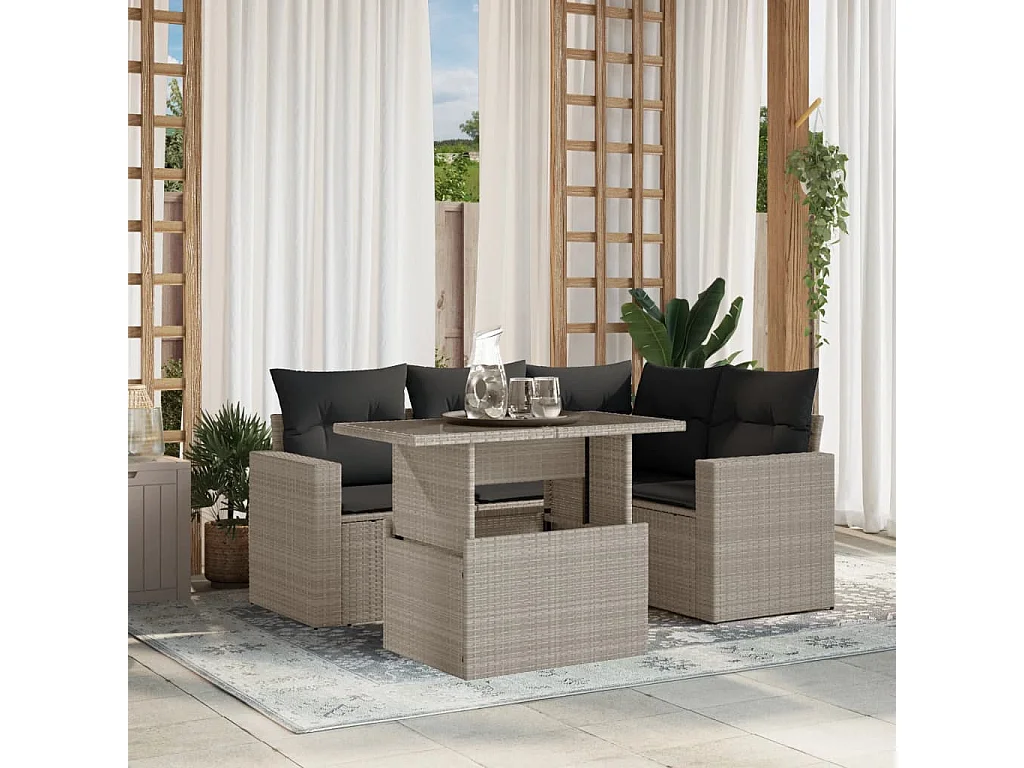 5-delige Loungeset met kussens poly rattan lichtgrijs