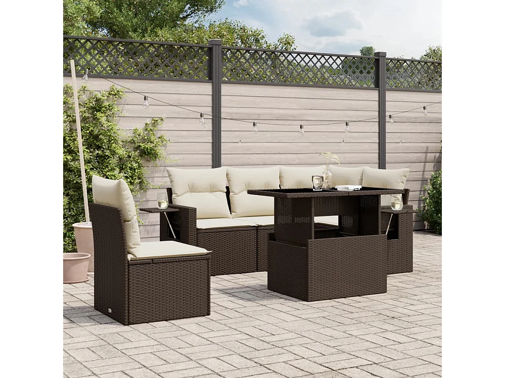 6-delige Loungeset met kussens poly rattan bruin