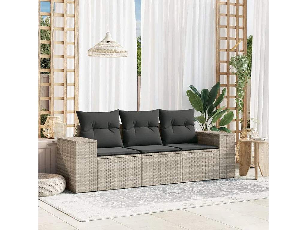 3-delige Loungeset met kussens poly rattan lichtgrijs