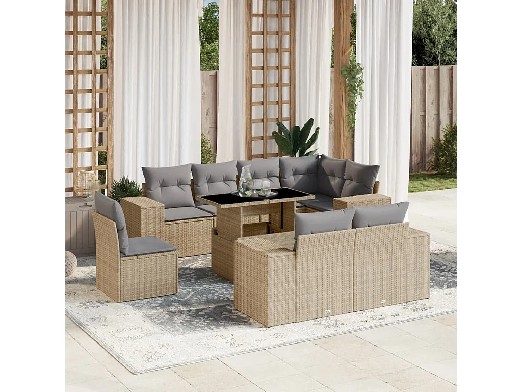 9-delige Loungeset met kussens poly rattan beige