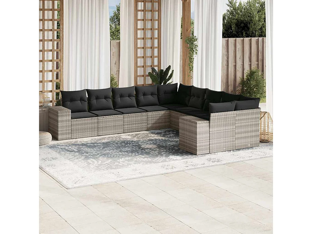10-delige Loungeset met kussens poly rattan lichtgrijs