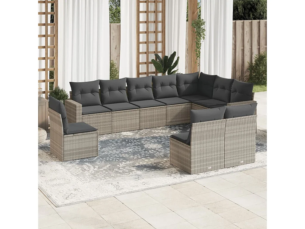 10-delige Loungeset met kussens poly rattan lichtgrijs