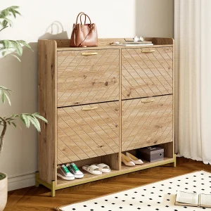4-deurs schoenenkast – 108,5 x 24 x 100 cm – voor entree en hal – MDF – naturel 4-deurs schoenenkast – 108,5 x 24 x 100 cm – voor entree en hal – MDF – naturel